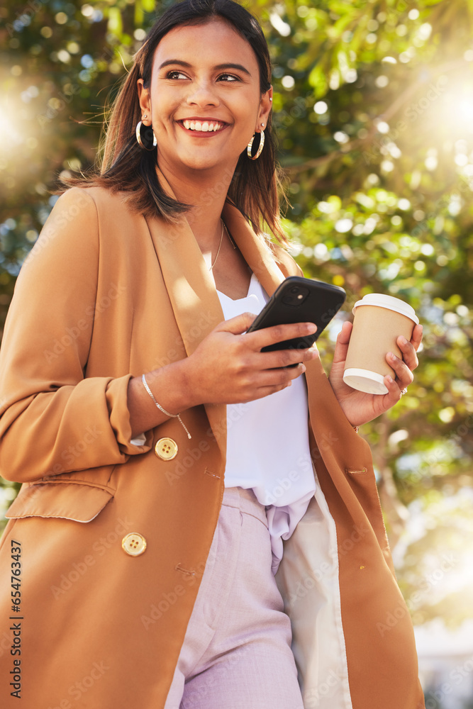 Business, outdoor and woman with a smartphone, typing and walking with a smile, sunshine and connection. Happy person, consultant or entrepreneur with a cellphone, city or social media with network