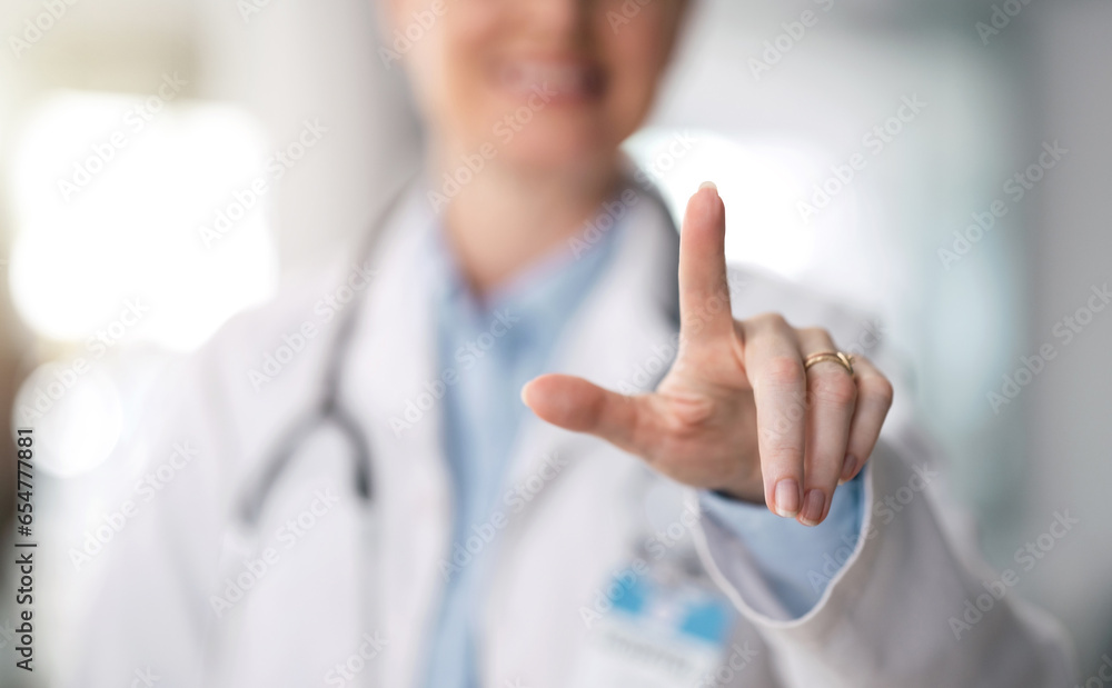 Hand, doctor and woman with futuristic, press and selection with medicine, planning and connection. Click, medical professional or consultant with feedback, finger or hospital with future or decision