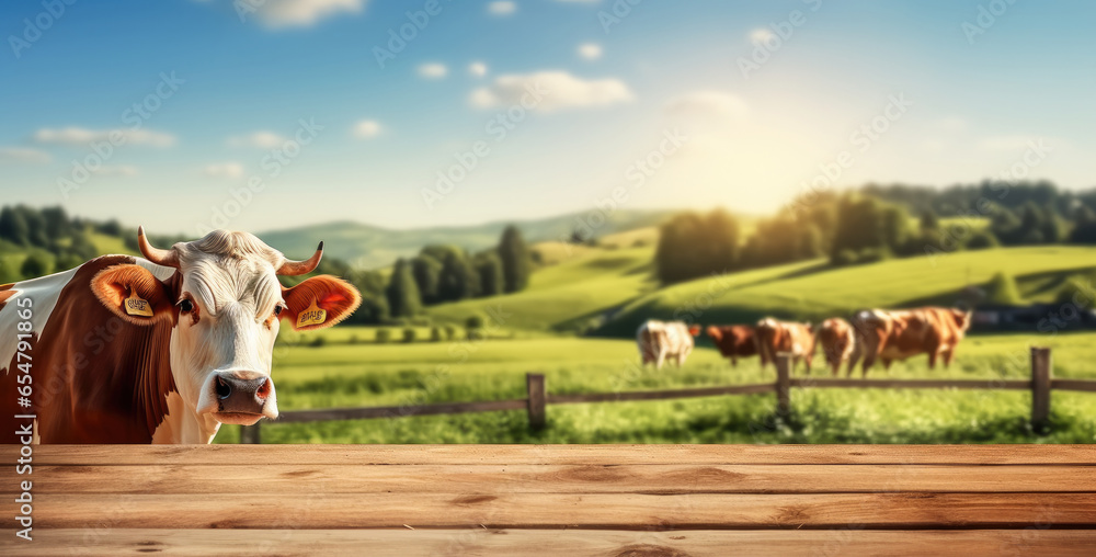 Empty wooden table top with cows and farm background.