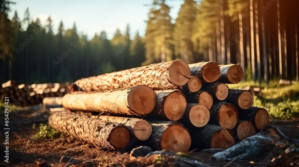Log trunks pile, Wooden trunks pine, Logging timber wood industry.
