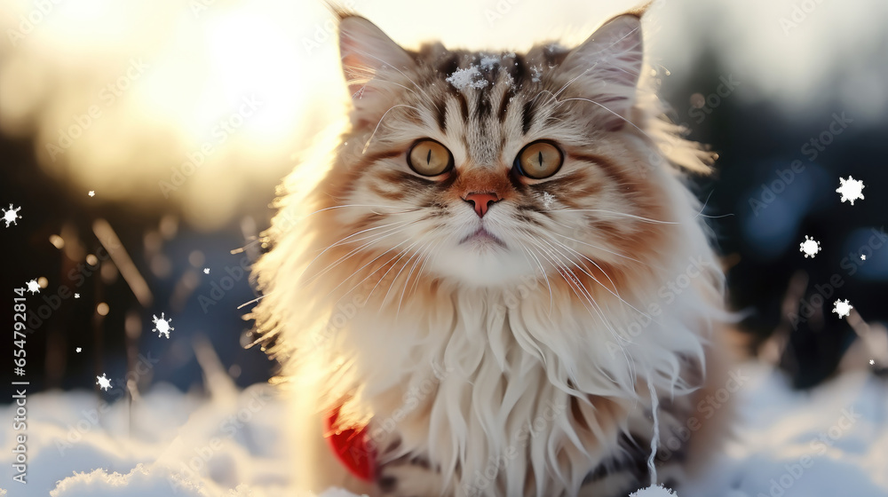 Cute cat in snow, Winter Landscape.