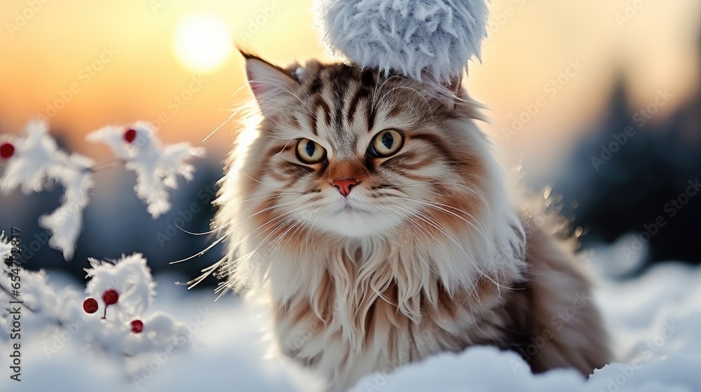 Cute cat in snow, Winter Landscape.
