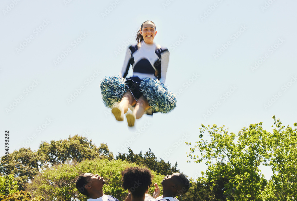 Sports, portrait and woman cheerleader in air on a field for motivation or support practice with team. Fitness, cheerleading and female athlete training for skill and dance with blur at competition.
