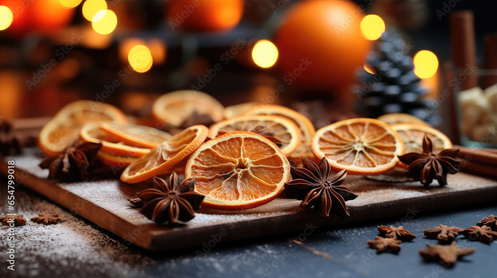 Christmas Spices Decoration, Traditional Christmas spices and dried orange slices on background.