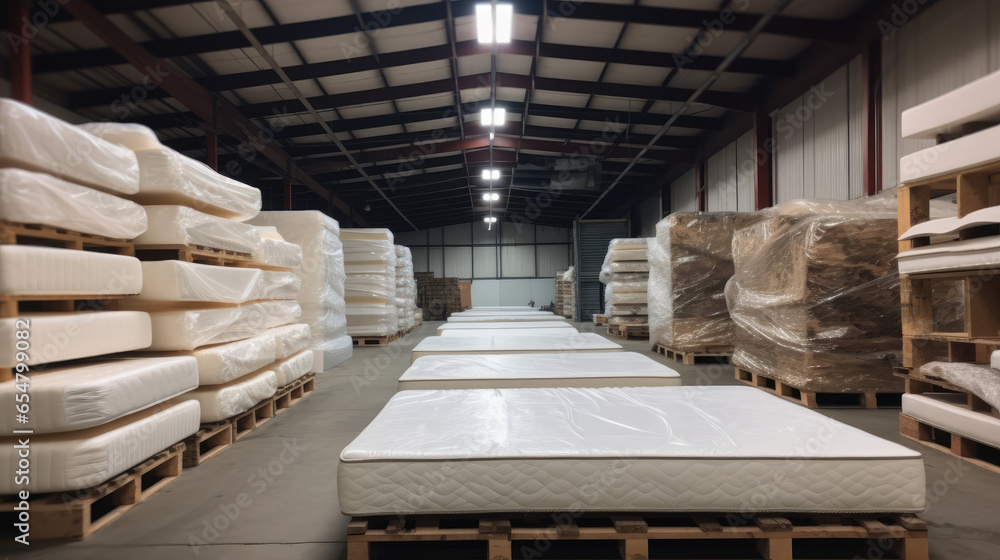 White mattresses and materials in warehouse, Waiting for transportation.