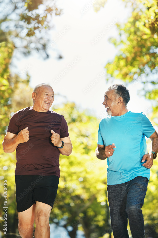 Senior man, friends and running in nature for healthy exercise or outdoor training together at park. Happy mature people smile in body warm up, run or preparation for cardio workout or team fitness