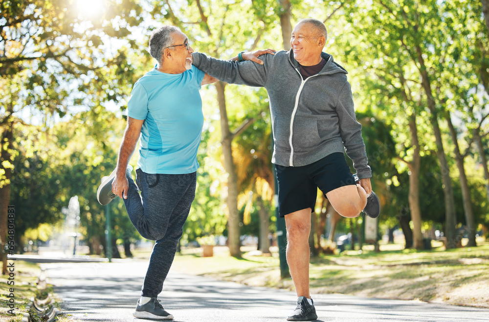 Senior man, friends and stretching in nature for running, exercise or outdoor training together at park. Mature people in body warm up, leg stretch or preparation for cardio workout or team fitness