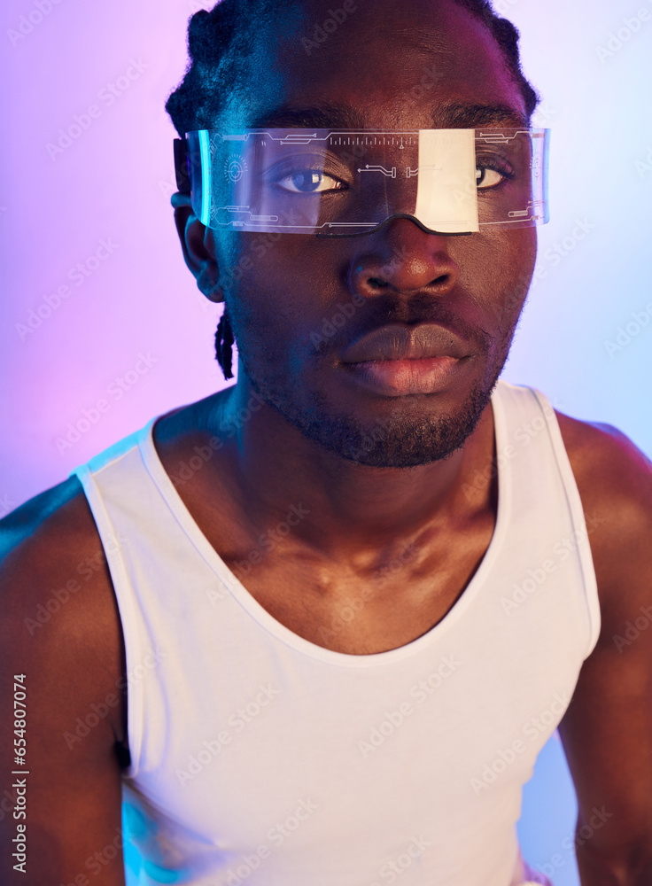 Man, vr or futuristic sunglasses in portrait for fashion, designer brand and style in studio on a neon background. Face of african person in trendy tech, virtual reality vision and metaverse glasses