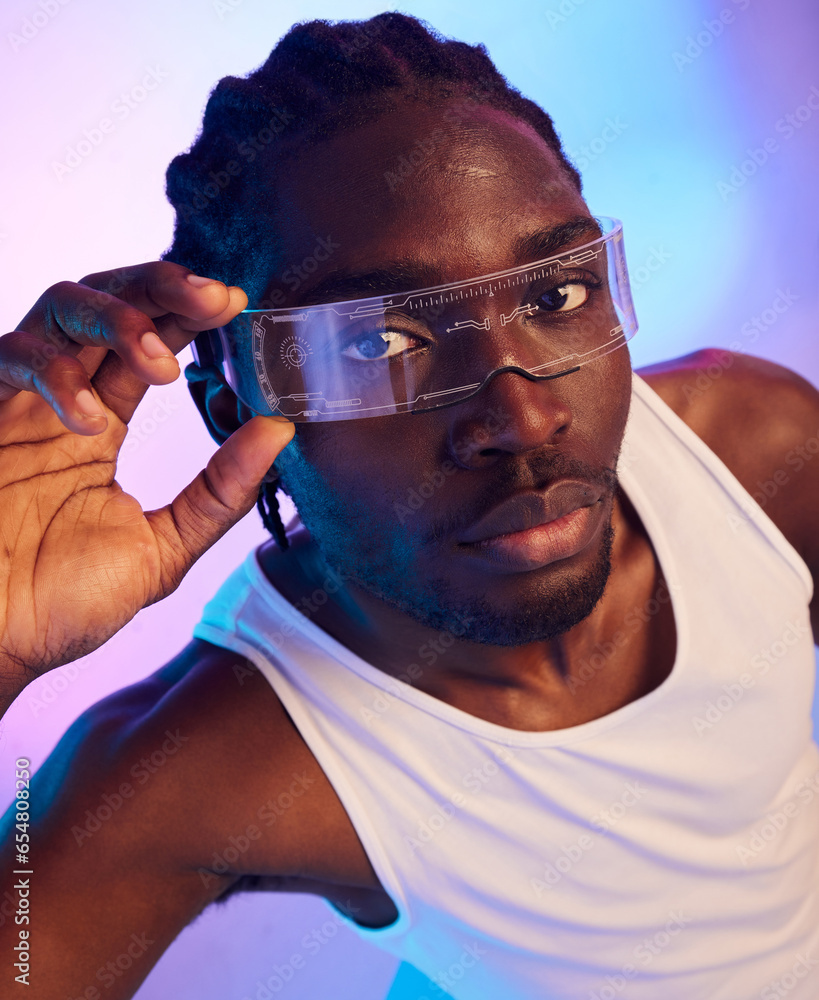 Man, portrait and virtual reality sunglasses for futuristic fashion, designer brand and style in studio on neon background. Face of african person in trendy tech, VR vision and glasses in vaporwave