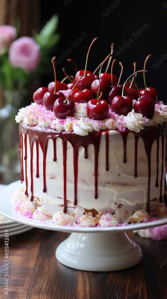 Funfetti cake with drip icing and cherries