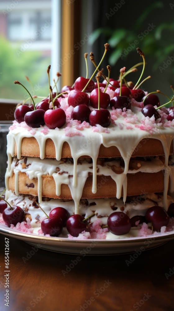 Funfetti cake with drip icing and cherries