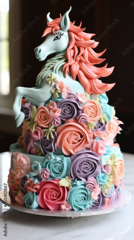 Whimsical unicorn cake with rainbow layers