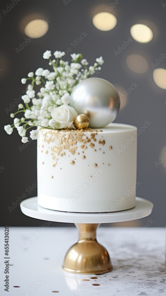 Minimalist white cake with gold happy birthday topper