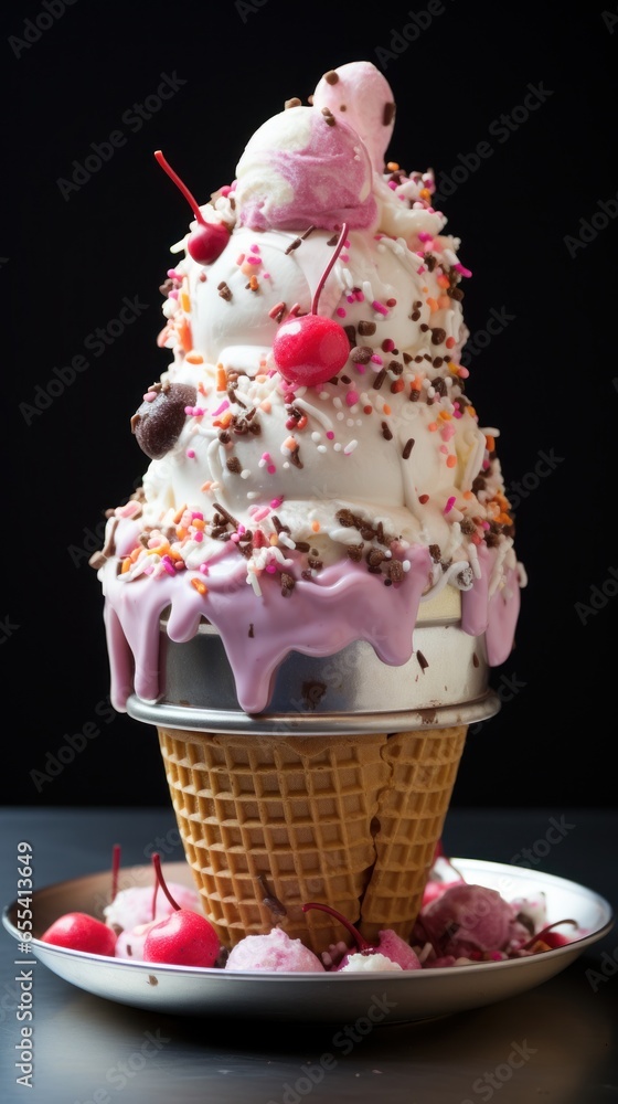 Playful ice cream cone cake with sprinkles and cherrie