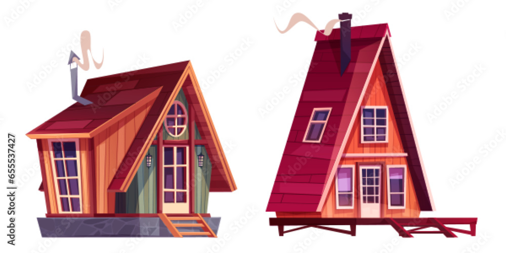 Wooden cabin for summer or winter vacation outside city. Small huts made of wood with windows, doors and chimney on roof. Cartoon houses or shacks exterior facades for countryside landscape design.
