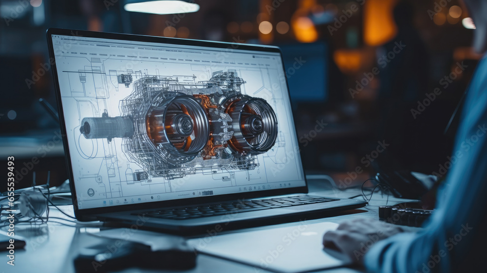 Engineer working on CAD software with Desktop Computer in Turbine engine high tech futuristic factory, Professionals Researching and Developing Engine Technology.