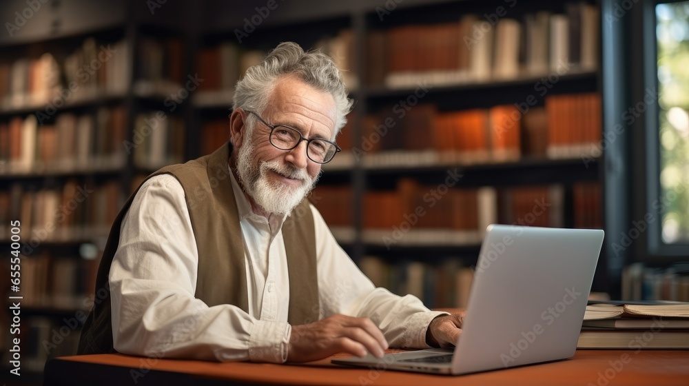 Senior man studying with laptop in library.