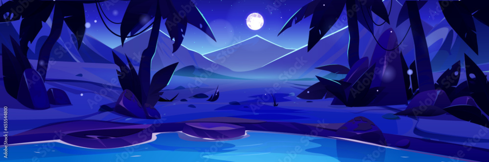 Night arabian desert oasis with lake vector background. Full moon in dark sky 2d egyptian panorama landscape. Starry light scene in summer with tropic sahara sand hills and mirage environment location