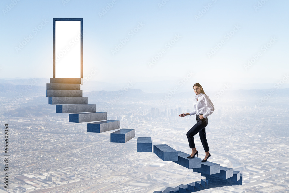 Attractive young european businesswoman climbing sky stairs to success and opprtunity with open door and mock up place.