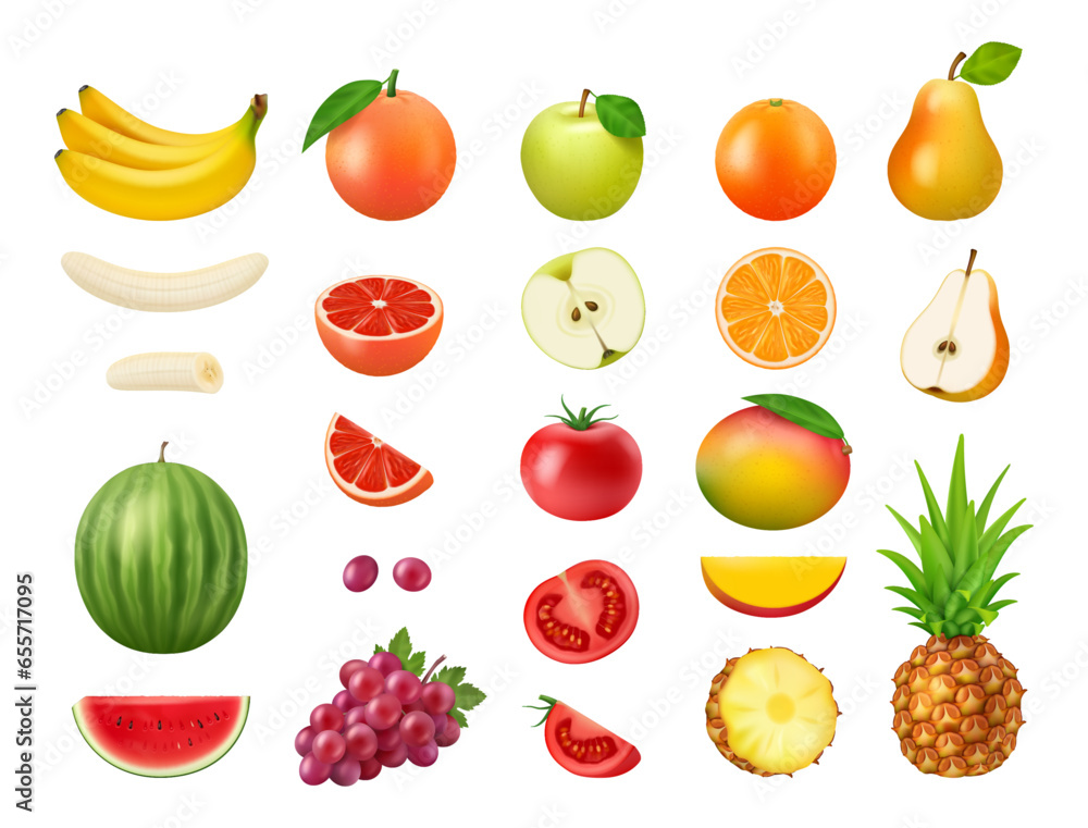 Apple and mango, grapefruit and orange, pear and watermelon summer realistic fruits. Tomato and grape, banana and pineapple whole and cut healthy vegetarian food, 3D vector illustration set