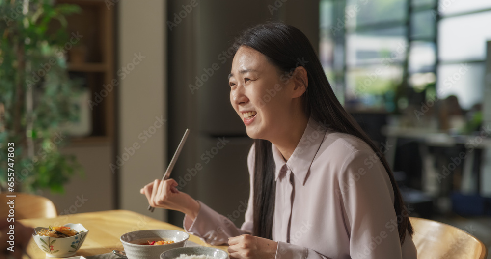 South Korean Young Couple Cooked Food at Home and Eating Together in the Kitchen. Loving Man and Woman Prepared Traditional Korean Dishes with Fish, Healthy Vegetables, Spicy Soup and Rice