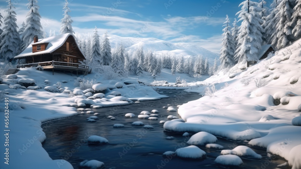 Beautiful Ski cabin on a crisp winter day.