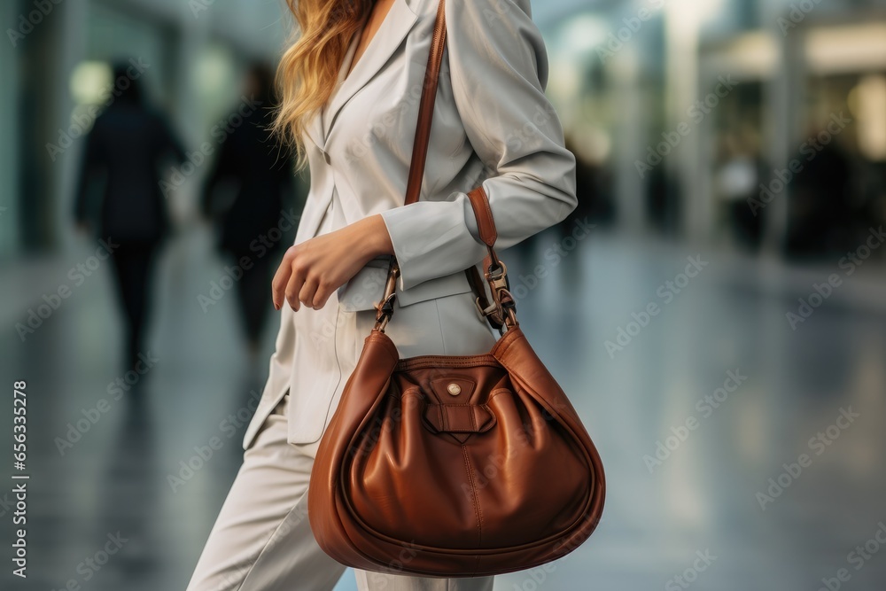 Woman carrying a leather handbag on city street, Look of a business woman.