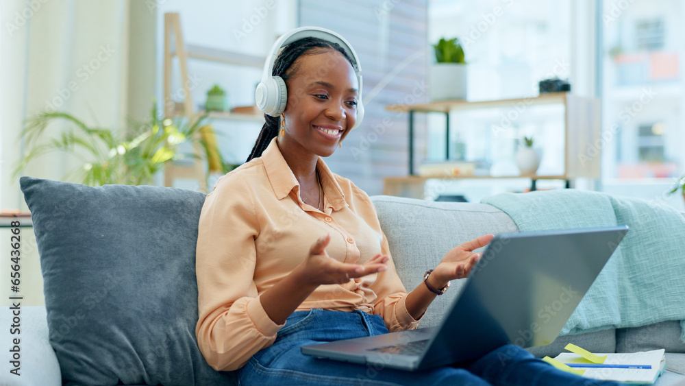 Black woman, laptop or video call on house sofa for networking, b2b customer deal or freelance business consulting. Smile, happy or talking employee on remote work technology or mobile communication