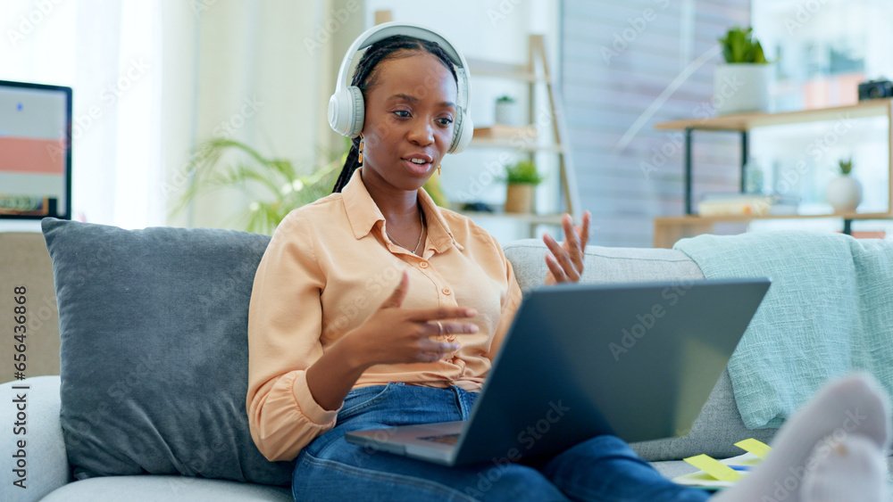 Video call, laptop and black woman doing remote work presentation on couch in a home on webinar. Sofa, information and freelancer working with online technology in apartment for consultation