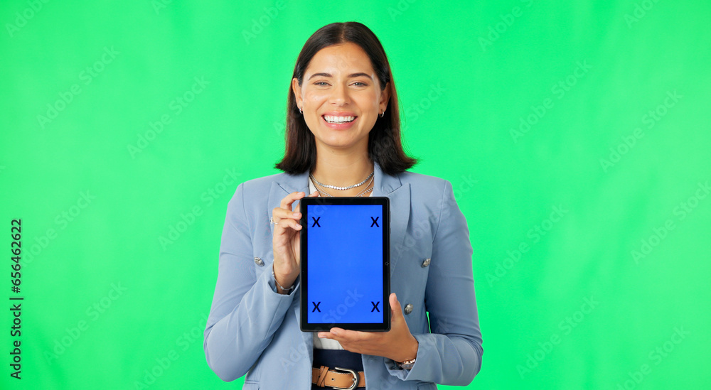Green screen portrait, business tablet and happy woman presentation of logo design, web promo or corporate brand. Tracking markers, mockup space or person show company media info on studio background
