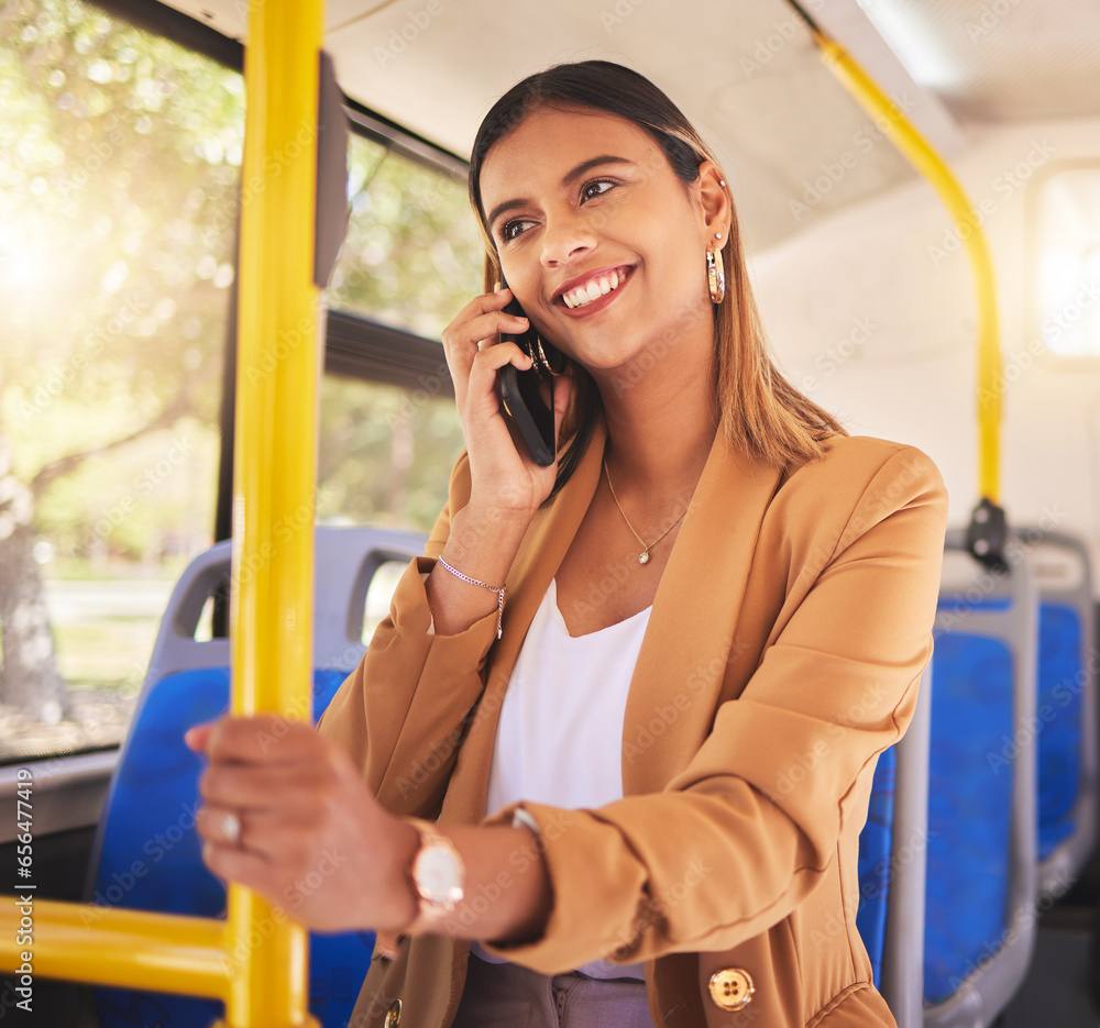 Woman in bus with smile, phone call and travel on urban commute in communication on drive. Public transport, service or ride, girl in conversation on cellphone for schedule or agenda on road to work.