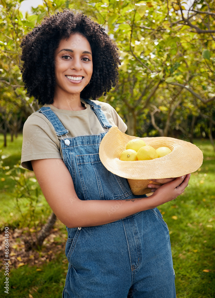 Happy woman in orchard, portrait and agriculture, lemon in nature with healthy food for nutrition on citrus farm. Farmer, picking fruit and smile with harvest, sustainability and organic product