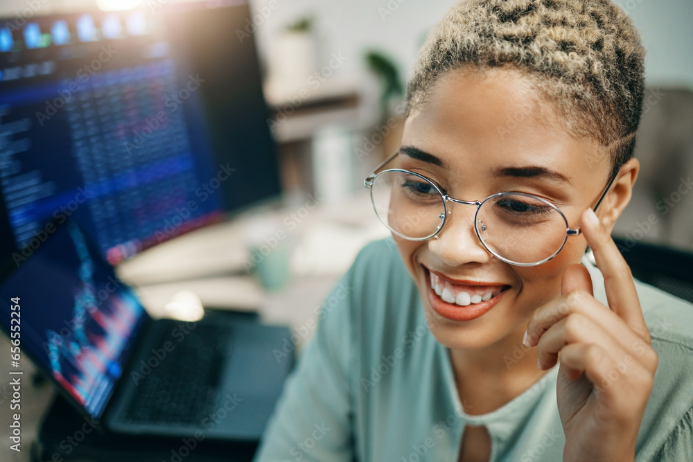 Happy woman with glasses, computer and cyber data for crypto trading, online profit or analytics. Cryptocurrency, digital stocks and girl at desk with graphs, charts and software for investment stats