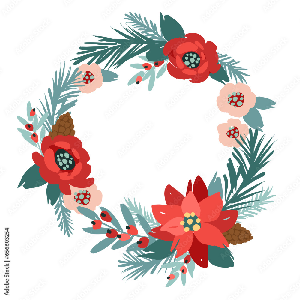 Christmas and Happy New Year illustration with Christmas wreath. Vector isolated design