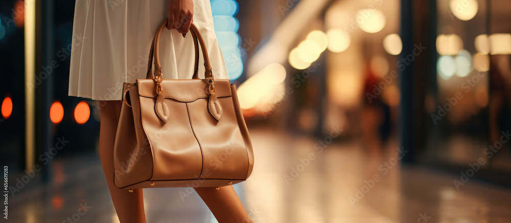 Beautiful woman legs with handbag, Shopping and business.