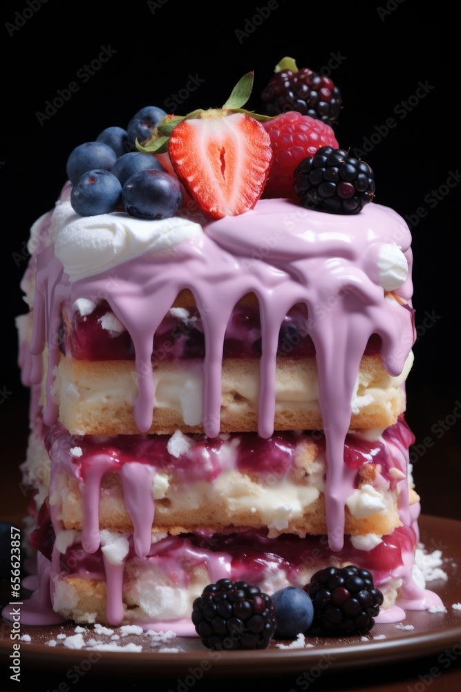 Pink and purple slice of strawberry cake.