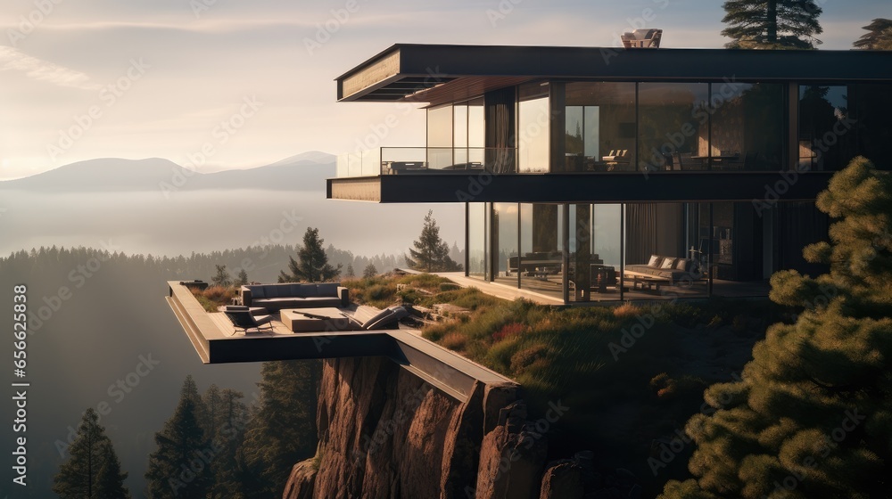 The high-altitude guest house above the cliff with transparent glass Windows.