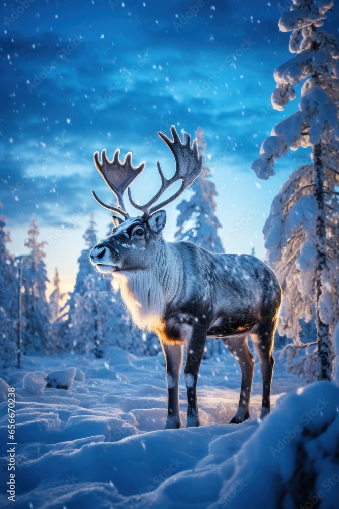 Reindeer on snow: Majestic animals, snow-covered trees, and a starry sky.