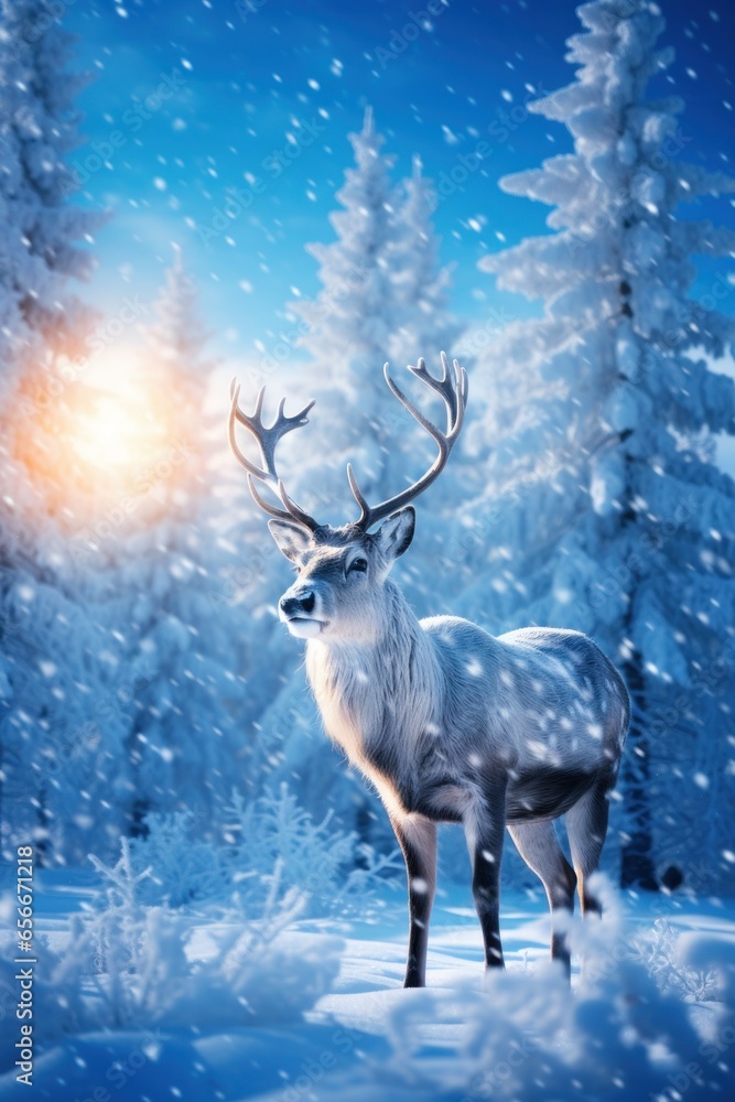 Reindeer on snow: Majestic animals, snow-covered trees, and a starry sky.