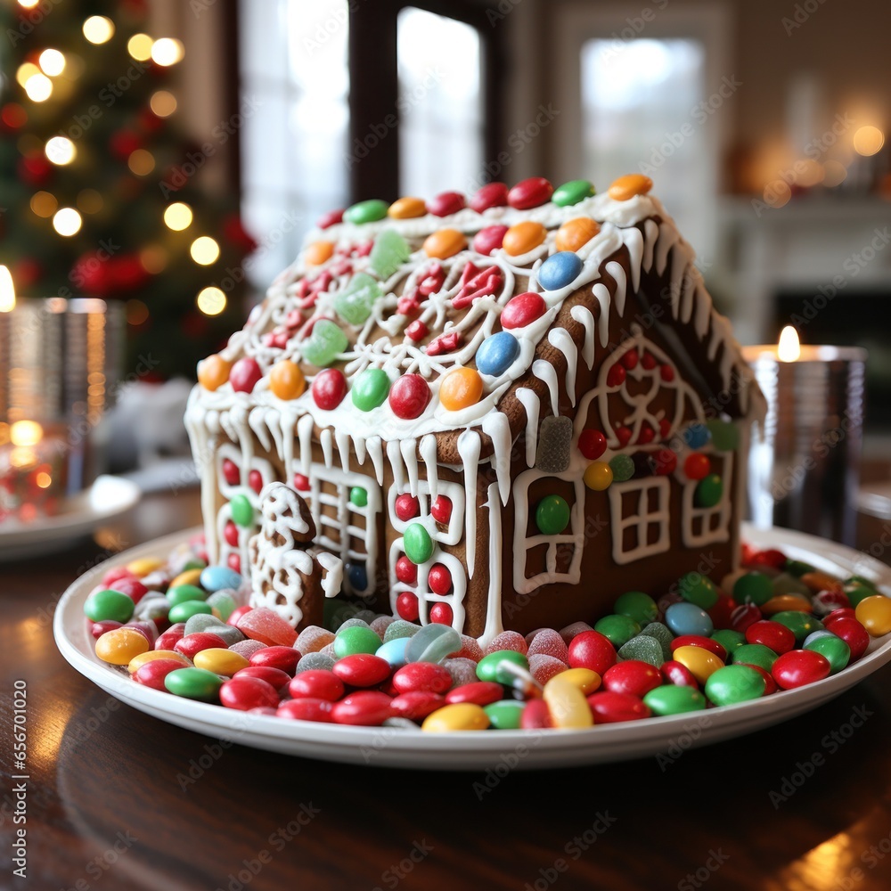 Gingerbread house: Sweet treats, candy canes, and snow icing