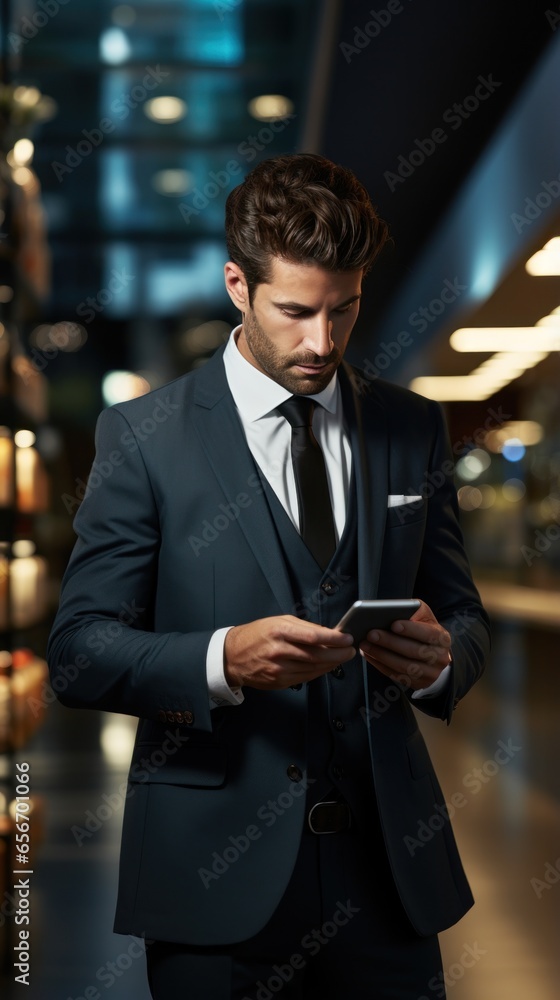 Male executive in suit and tie checking email on smartphone