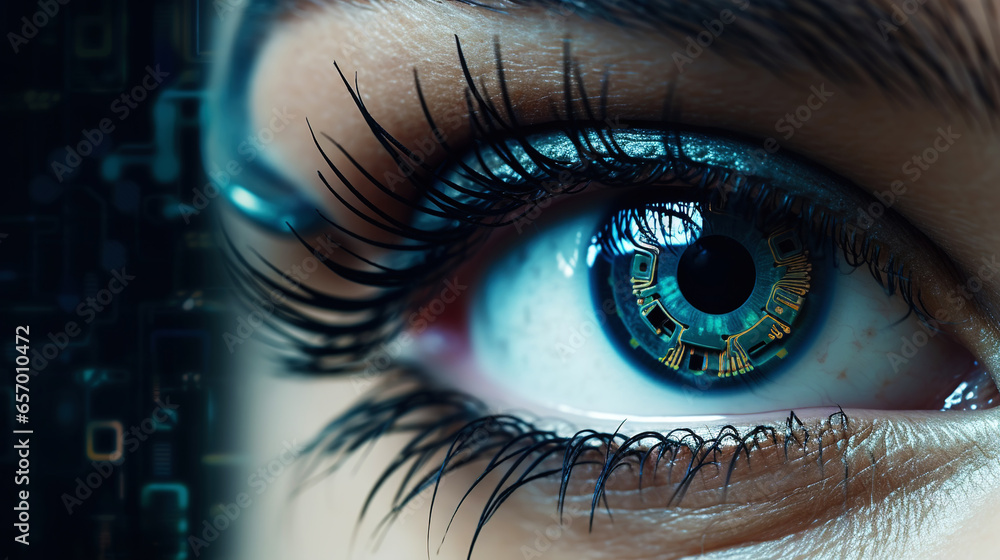 Female android robot eye close up. Digital iris of cyber woman. Bionic technology concept. Generative AI