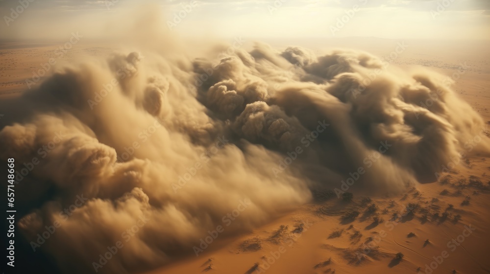 Gigantic dark dust storm in desert.