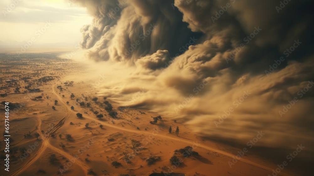 Gigantic dark dust storm in desert.