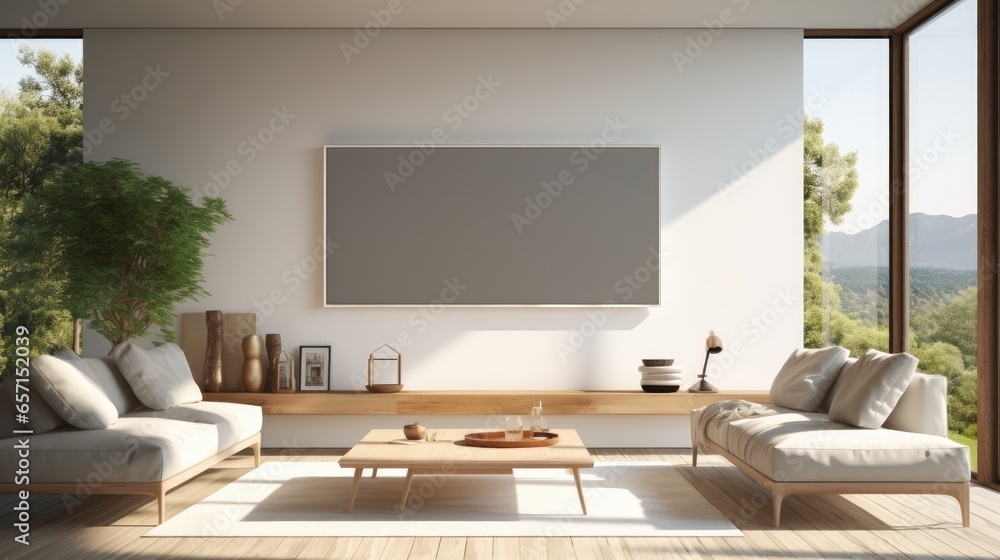 Modern living room with a wall mounted smart screen at minimalist apartment, Lifestyle aspirations.