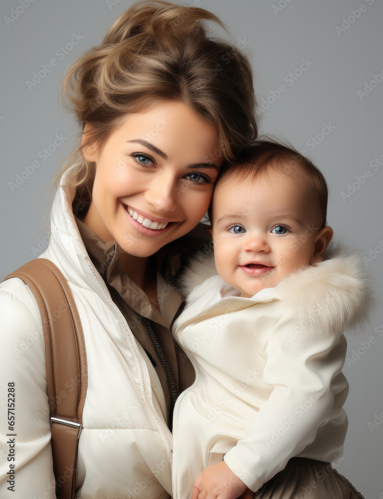 Mother and baby are happy on white background.