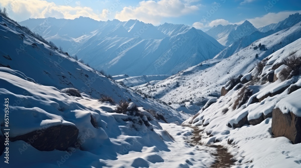 Path in snowy mountains.