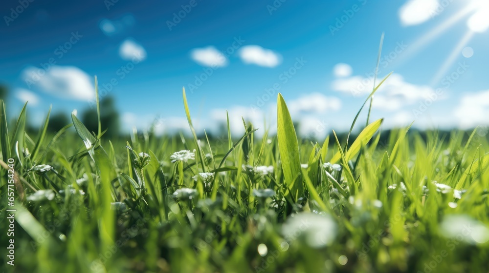 Close up of grass with blue skies in the back ground.