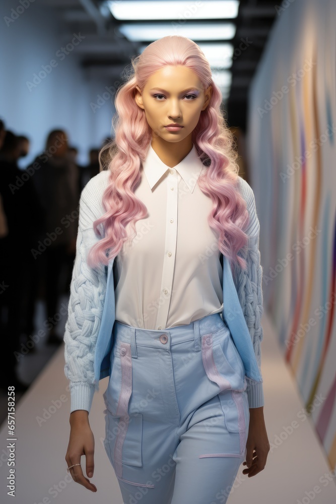 Woman model with colored hair walking fashion show on catwalk.