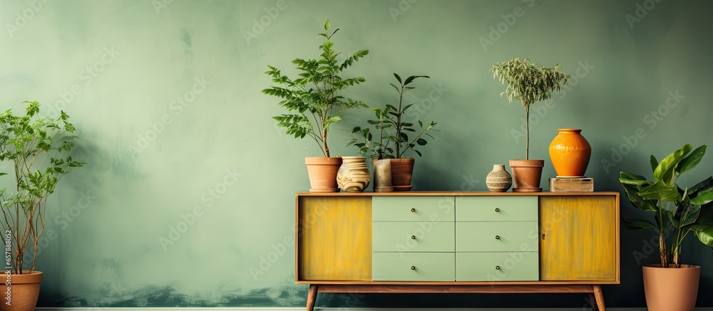 Retro home interior with vintage cupboard elegant gold accessories and plenty of stylish potted plants Cozy decor with a minimalist home garden concept